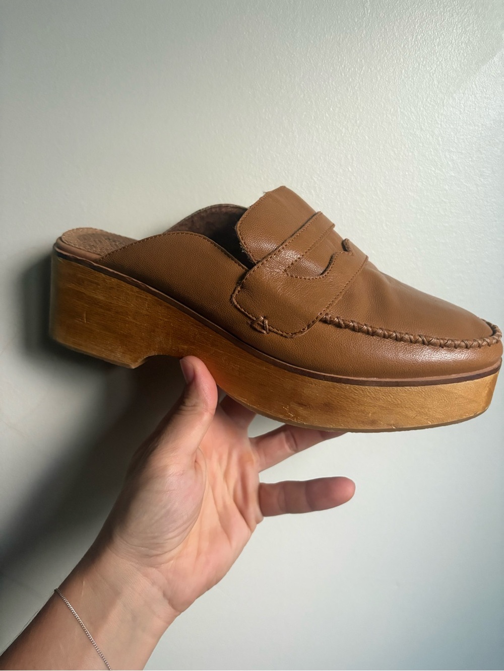 Kelsi Dagger Tan Leather wood Platform Mule Clog - Picture 5 of 5